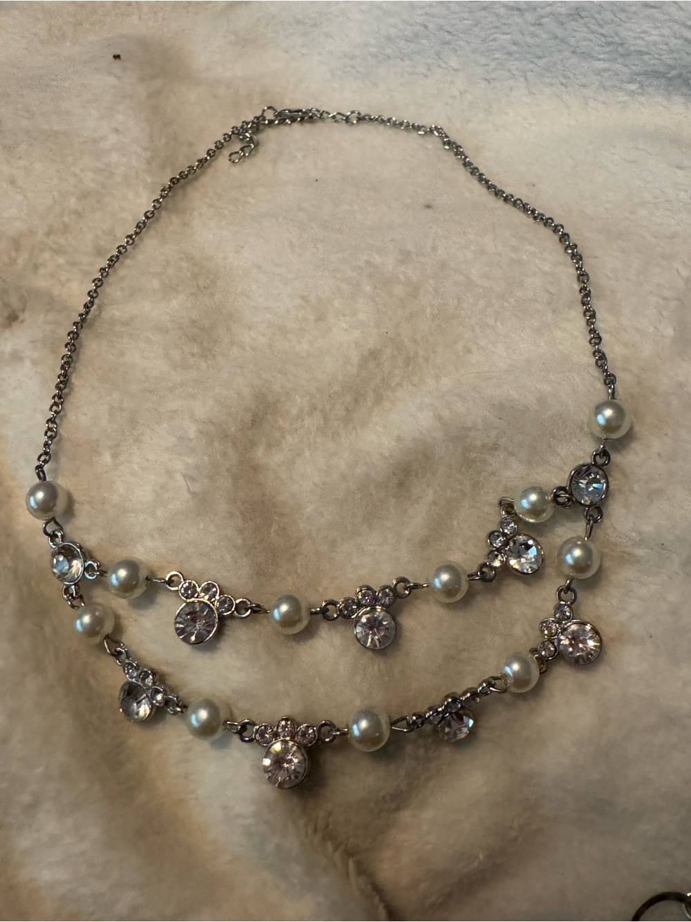 Elegant Pearl and Crystal Double Strand Necklace - Silver Tone
